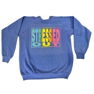 Vintage 80s  Fruit of the Loom Neon STRESSED OUT Blue Crewneck Sweatshirt XL USA